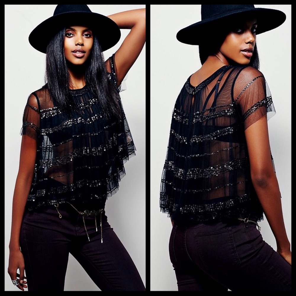 Free People sheer gold bead tulle lace top